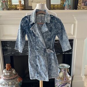 “MEBON” Denim Belt-Waist Distressed Stretch Denim Mini Dress
